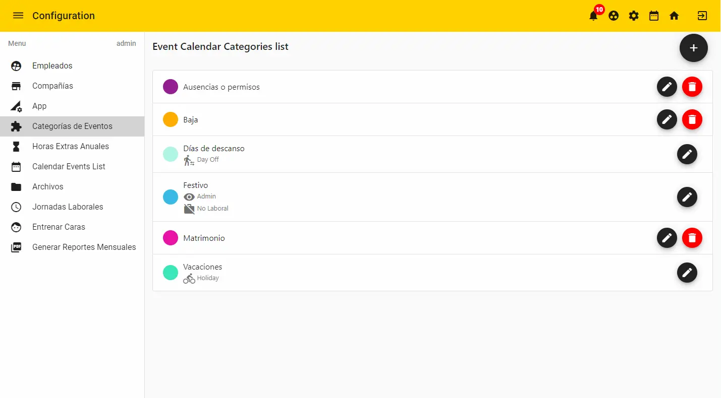 Manage events categories